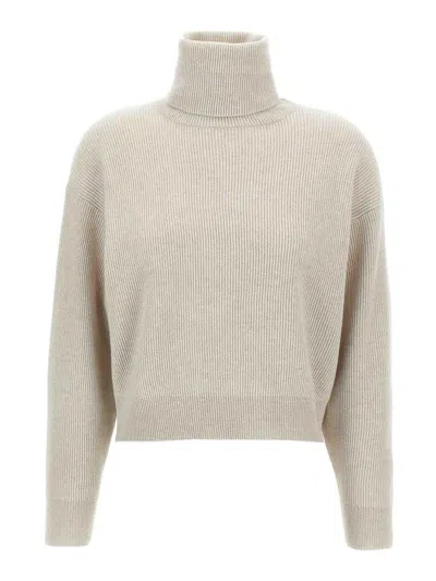 Brunello Cucinelli Ribbed Turtleneck Sweater With Dropped Shoulders In Neutral