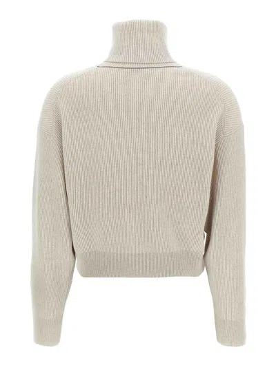 Brunello Cucinelli Ribbed Turtleneck Sweater With Dropped Shoulders In Neutral