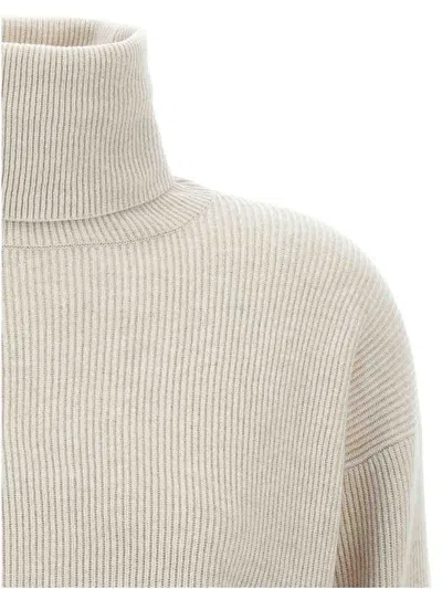 Brunello Cucinelli Ribbed Turtleneck Sweater With Dropped Shoulders In Neutral