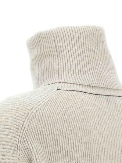 Brunello Cucinelli Ribbed Turtleneck Sweater With Dropped Shoulders In Neutral