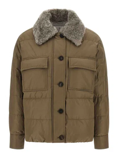 Brunello Cucinelli Quilted Coat With Plush Shearling Collar And Flap Pockets In Sand