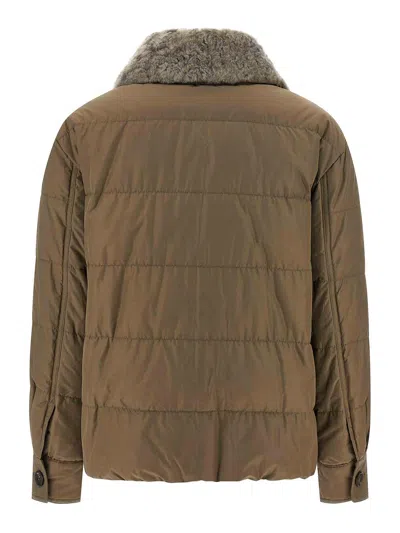 Brunello Cucinelli Quilted Coat With Plush Shearling Collar And Flap Pockets In Sand