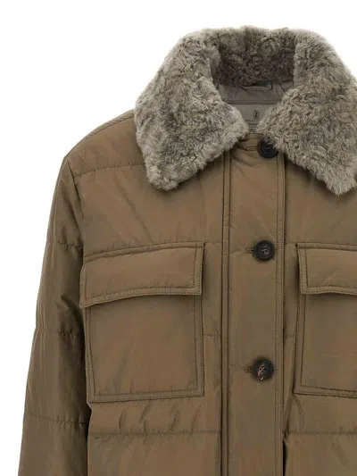 Brunello Cucinelli Quilted Coat With Plush Shearling Collar And Flap Pockets In Sand