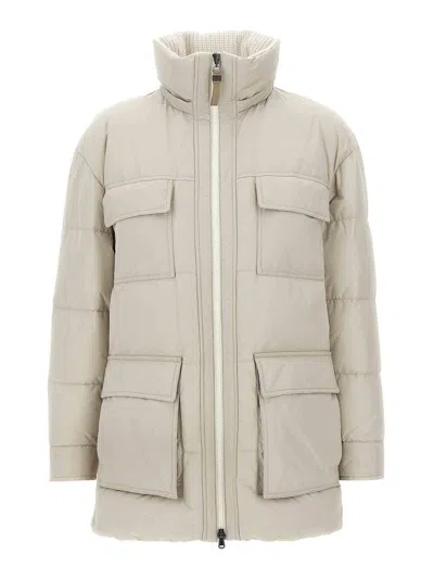 Brunello Cucinelli Hooded Down Jacket In Nylon And Cotton In Neutral