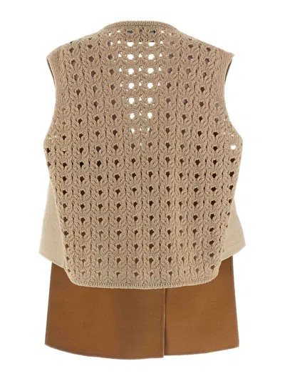 Fabiana Filippi Knit Wool Vest Crochet Back Detail In Sand