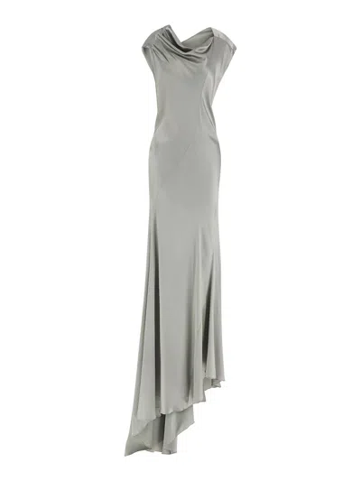 Alberta Ferretti Draped Satin Dress Asymmetric Neckline In Gray