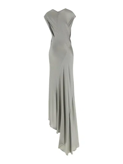 Alberta Ferretti Draped Satin Dress Asymmetric Neckline In Gray