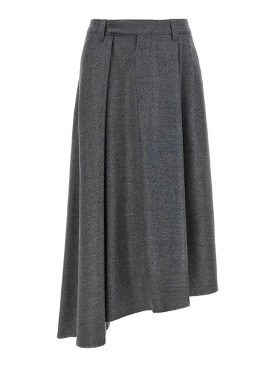 Brunello Cucinelli Wool Skirt With Asymmetrical Hem And Pleated Design In Gray