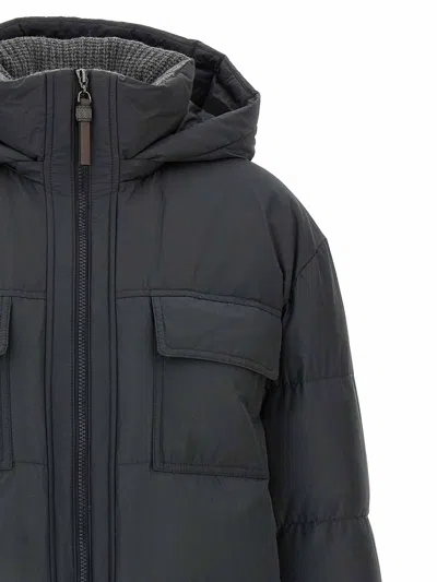 Brunello Cucinelli Knitted Neck Down Jacket In Gray