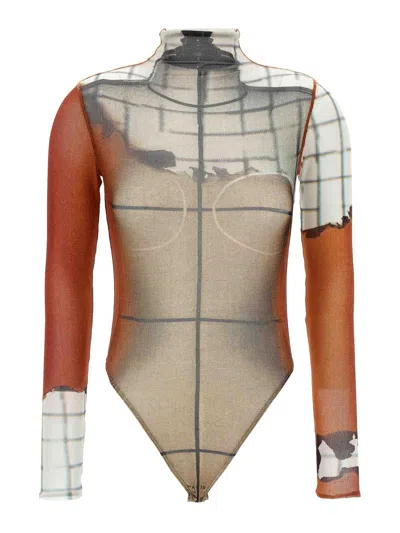 Jean Paul Gaultier Twisted Body-print Mesh Long-sleeve Bodysuit In Brown