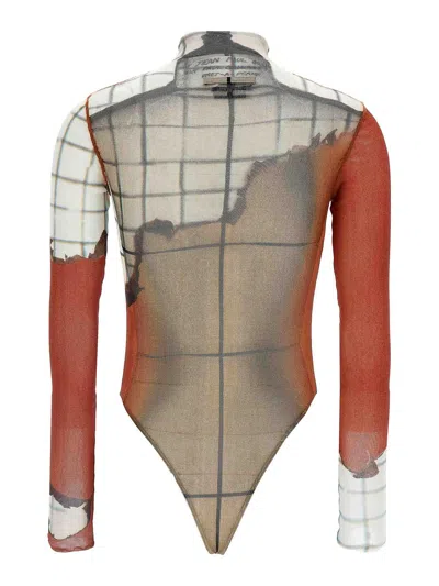 Jean Paul Gaultier Twisted Body-print Mesh Long-sleeve Bodysuit In Brown