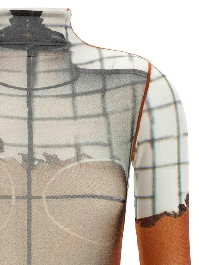 Jean Paul Gaultier Twisted Body-print Mesh Long-sleeve Bodysuit In Brown
