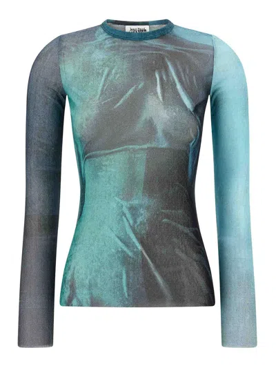 Jean Paul Gaultier Crew Neck Sheer Abstract Print Top In Green