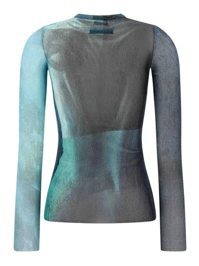 Jean Paul Gaultier Crew Neck Sheer Abstract Print Top In Green