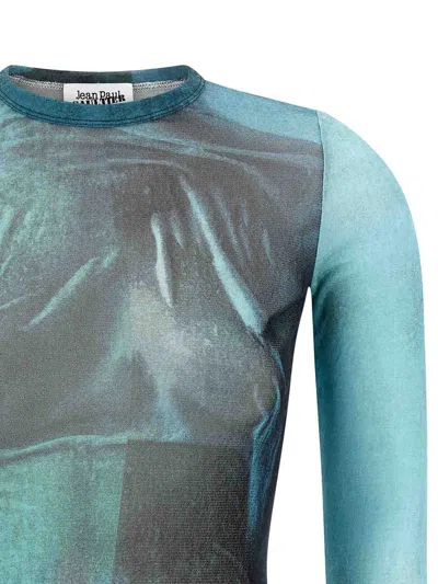 Jean Paul Gaultier Crew Neck Sheer Abstract Print Top In Green