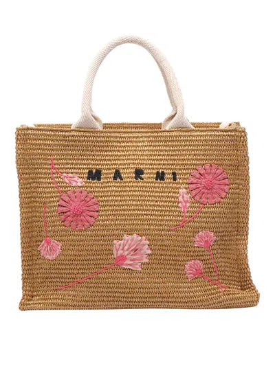 Marni Raffia Small Tote Bag In Brown