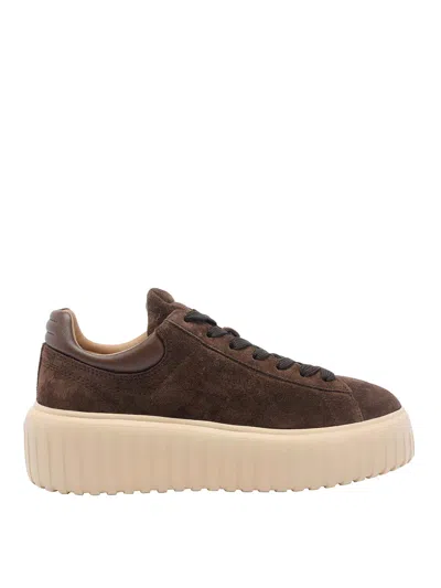 Hogan Leather Lace-up Sneakers Platform Sole In Brown