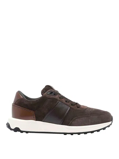 Tod's Low Top Suede Sneakers With Leather Detail In Brown