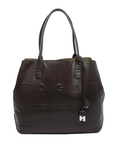 Hogan Dual Handle Metal Charm Shoulder Bag In Brown