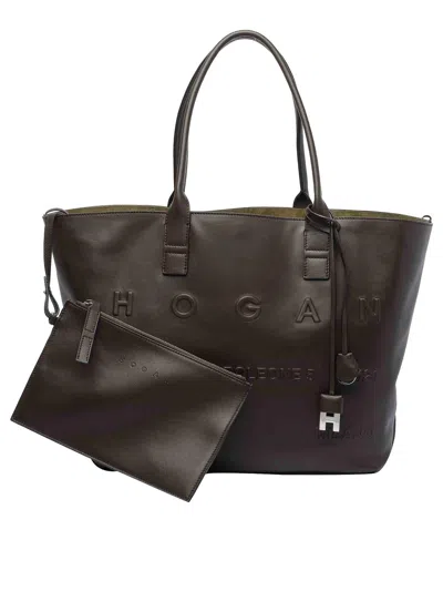 Hogan Dual Handle Metal Charm Shoulder Bag In Brown