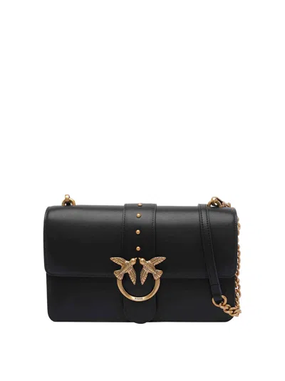 Pinko Love One Classic Black Crossbody Bag With Studded Strap And Love Birds Diamond Cut Plaque On The Fro