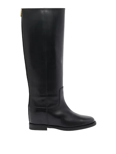 Via Roma 15 Knee-high Calfskin Boots With Gold-tone Accent In Black