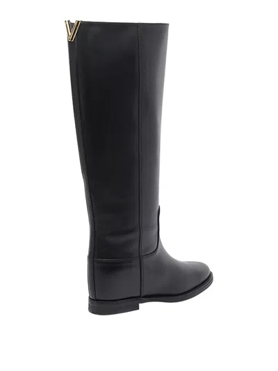 Via Roma 15 Knee-high Calfskin Boots With Gold-tone Accent In Black
