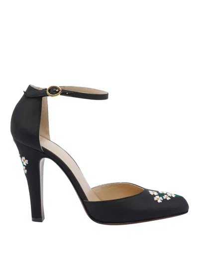Valentino Floral Embroidered Round Toe Ankle Strap Pumps In Black