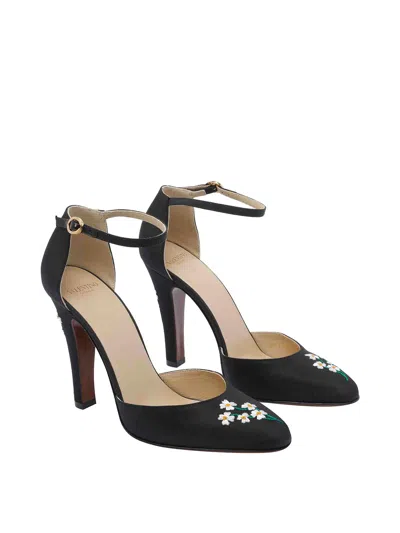 Valentino Floral Embroidered Round Toe Ankle Strap Pumps In Black