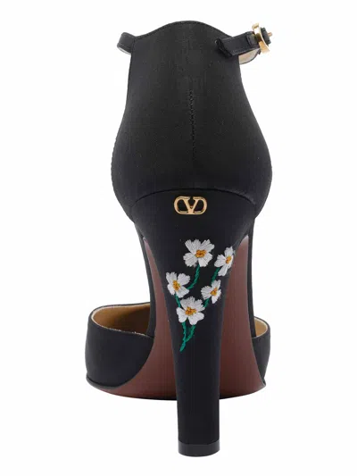 Valentino Floral Embroidered Round Toe Ankle Strap Pumps In Black