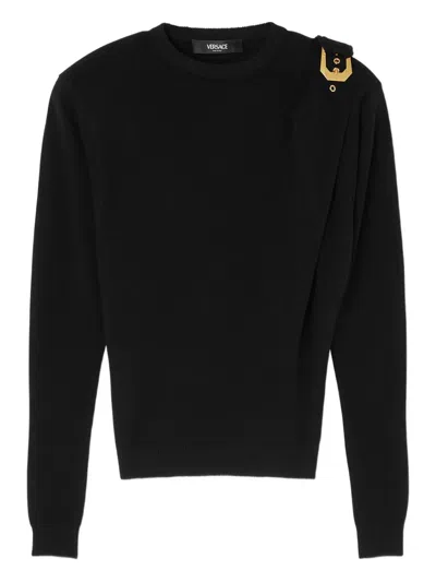 Versace Wool Sweater With Buckle Detail And Long Sleeves In Black