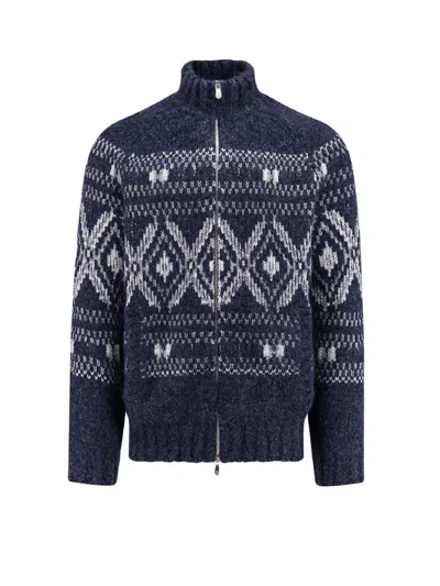 Brunello Cucinelli Geometric Jacquard Cardigan In Wool And Cashmere In Blue