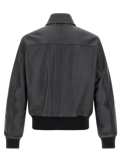 Ami Alexandre Mattiussi Mens Anthracite Regular-fit Spread-collar Leather Jacket In Black