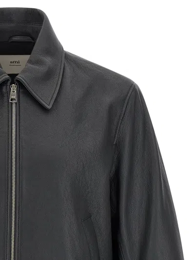 Ami Alexandre Mattiussi Mens Anthracite Regular-fit Spread-collar Leather Jacket In Black