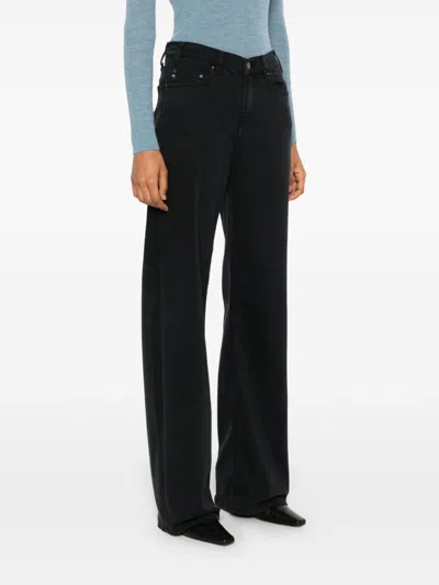 Ag Wide Leg Denim Trousers With Belt Loops In Black