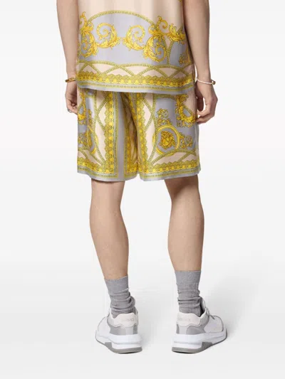 Versace Barocco Print Silk Shorts In Yellow