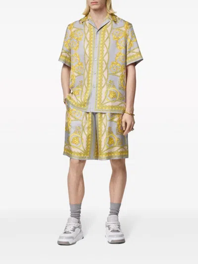 Versace Barocco Print Silk Shorts In Yellow