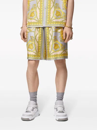 Versace Barocco Print Silk Shorts In Yellow