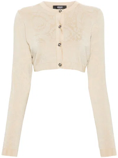 Versace Barocco Texture Cropped Cardigan In Neutral