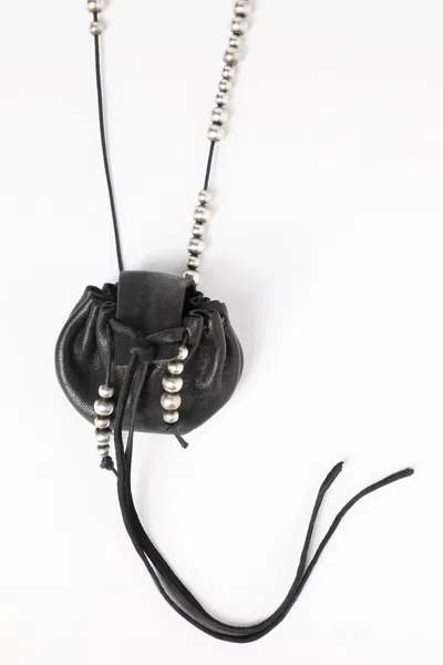 Ann Demeulemeester Sindri Silver Necklace With Small Leather Bag Pendant In Multi