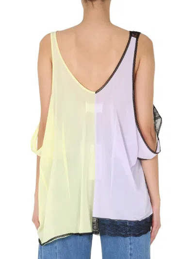 Maison Margiela Lace Panelled Colourblock Cold Shoulder Top In Neutral