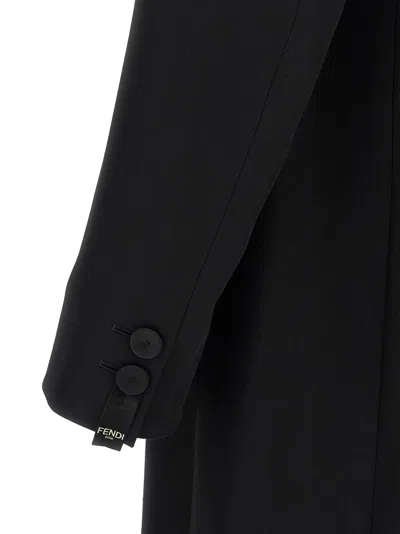 Fendi Crepe Wool Coat With Double Layer Satin Lapel In Black