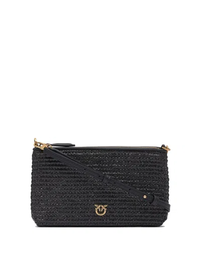 Pinko Small Flat Bag In Crocheted Raffia With Removable Shoulder Strap In Black