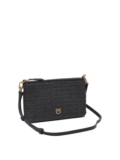 Pinko Small Flat Bag In Crocheted Raffia With Removable Shoulder Strap In Black
