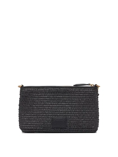 Pinko Small Flat Bag In Crocheted Raffia With Removable Shoulder Strap In Black