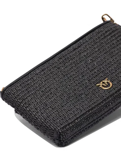 Pinko Small Flat Bag In Crocheted Raffia With Removable Shoulder Strap In Black