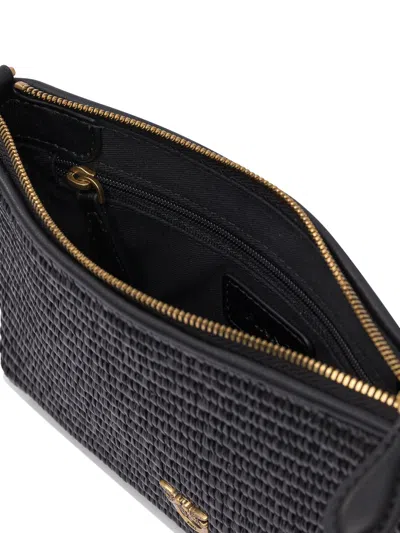Pinko Small Flat Bag In Crocheted Raffia With Removable Shoulder Strap In Black