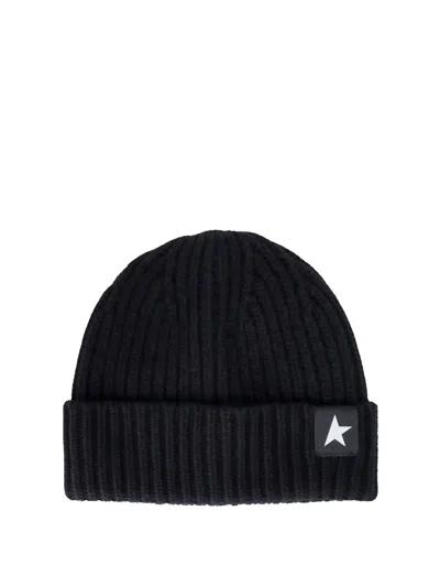 Golden Goose Mans Ribbed Black Wool Hat With Logo In Black