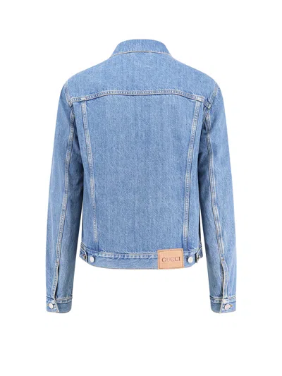 Gucci Light Blue Jacket With Gg Logo Print On The Front In Denim Man In Blue