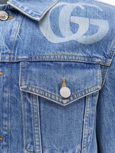 Gucci Light Blue Jacket With Gg Logo Print On The Front In Denim Man In Blue